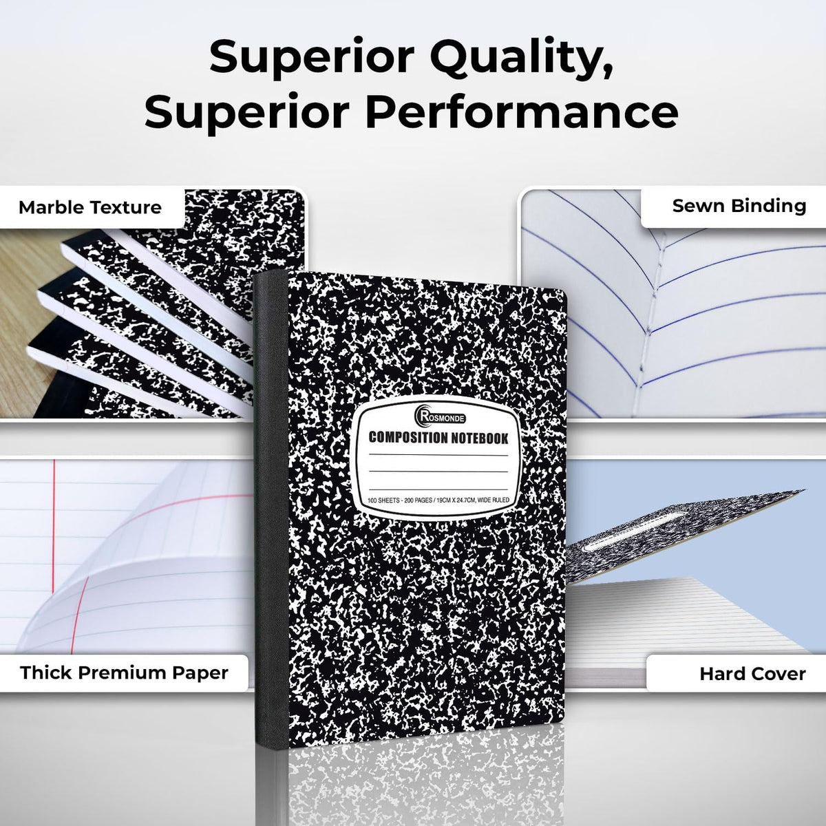 Rosmonde Composition Notebook Wide Ruled 5 Pack, 200 Pages (100 Sheets), 9-3/4 x 7-1/2, Back to School Supplies, Notebooks for School, Office Supplies, Notebooks for Work, Wide Ruled Notebook