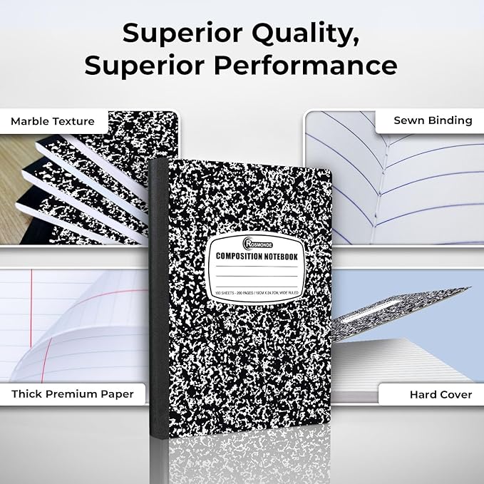 Composition Notebook Wide Ruled 5 Pack, 200 Pages (100 Sheets), 9-34 x 7-12, Back to School Supplies, Notebooks for School, Office Supplies, Notebooks for Work, The Notebook for Note Taking