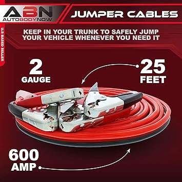 ABN Jumper Cables, 25ft Long, 2-Gauge, 600 AMP  Commercial Automotive Vehicle Booster Cables  Motorcycle Car ATV