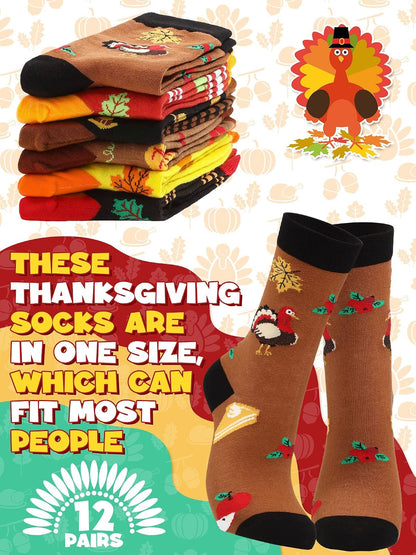 12 Pairs Thanksgiving Fall Autumn Socks Bulk Harvest Fuzzy Holiday Novelty Socks Unisex Turkey Pumpkin Thanksgiving Harvest Themed Funny Stocking Gifts for Women Adult Girls Men