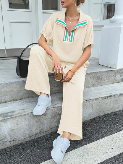 Womens 2 Piece Outfits Textured Color Block Half Zipper Puff Short Sleeve Tops Cropped Wide Leg Pant Lounge Sets