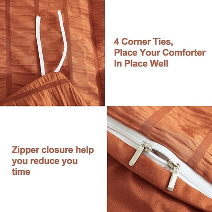 AveLom Terracotta Seersucker Duvet Cover Set King Size (104 x 90 inches), 3 Pieces (1 Duvet Cover  2 Pillow Cases), Ultra Soft Washed Microfiber, Textured Duvet Cover with Zipper Closure, Corner Ties