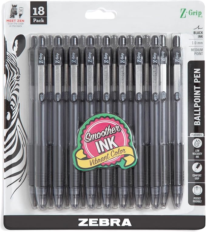 Zebra Pen Z-Grip Retractable Ballpoint Pen, Medium Point, Black Ink, Model Number: 22218, 18-Pack (22218)