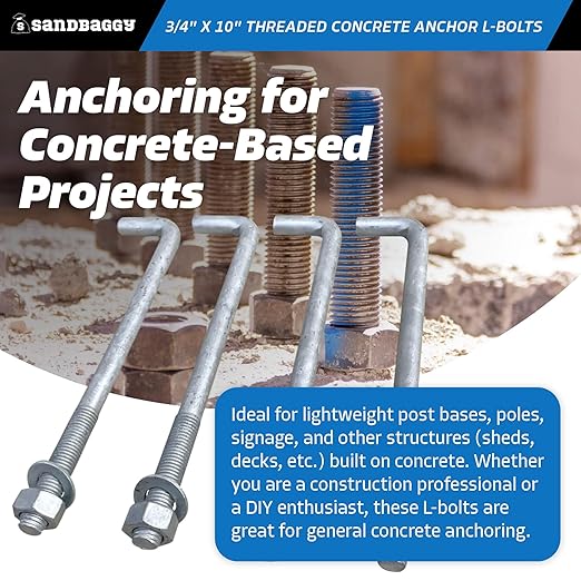 Sandbaggy 34" x 10" Threaded Concrete Anchor L-Bolts (Nuts  Washers Included) - Hot Dipped Galvanized - Sill Plate, Base Plate, Masonry, Wood, Cement Anchors, J Bolt (1, 34" x 10")