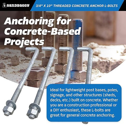 Sandbaggy 34" x 10" Threaded Concrete Anchor L-Bolts (Nuts  Washers Included) - Hot Dipped Galvanized - Sill Plate, Base Plate, Masonry, Wood, Cement Anchors, J Bolt (1, 34" x 10")