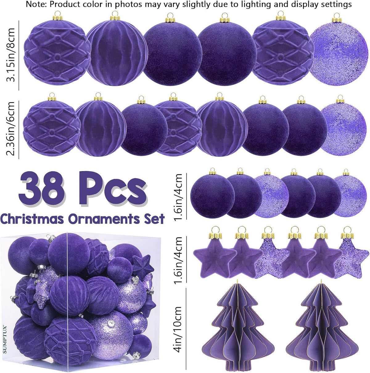 38 Pcs Navy Blue Velvet Christmas Ball Ornaments, Christmas Tree Decorations with Paper Ornaments, Shatterproof Hanging Xmas Décor Set for Office Home Holiday in 3 Sizes(Small Medium Large) (Product Color Is Different Than Pictures)