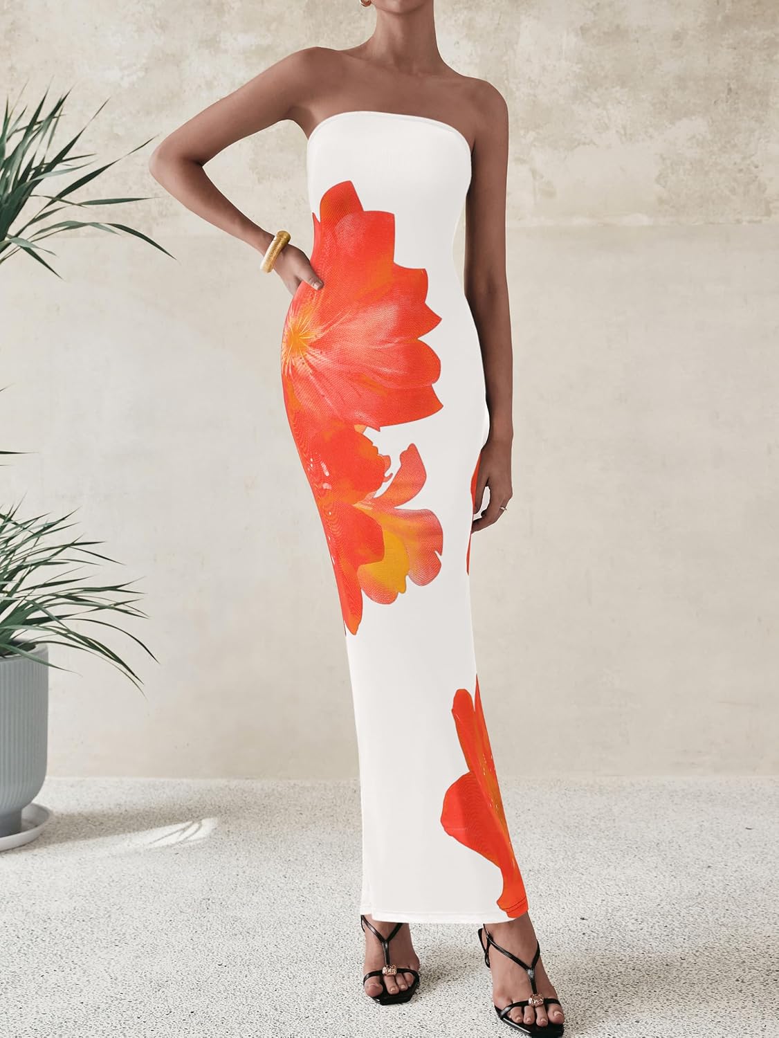 PRETTYGARDEN Women Summer Strapless Maxi Dress Bodycon Floral Sexy Long Wedding Guest Dress Formal Tube Mesh Cocktail Dresses.