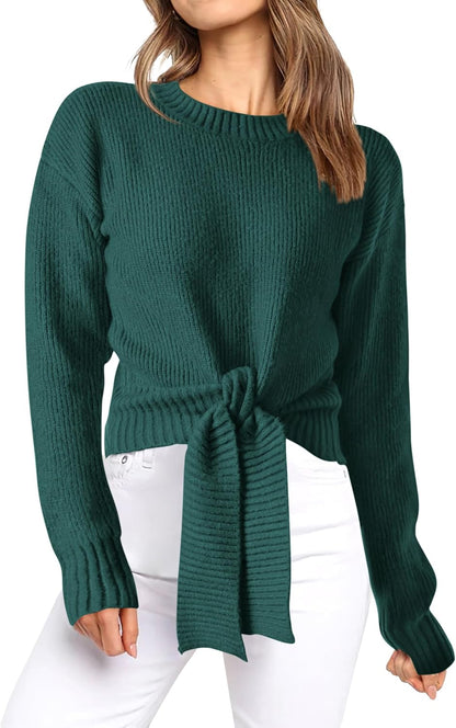 Okiwam Women's Long Sleeve Cropped Sweaters Casual Knit Pullover Tie Front Crew Neck Fall Outfits Spring Fashion Clothes