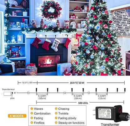 kemooie 500 LED Christmas Lights, 164FT 8 Lighting Modes Plug in Waterproof Extra Long Fairy Lights for Outdoor Christmas Tree Lights Birthday Wedding Party Garden Balcony Decoration (White)