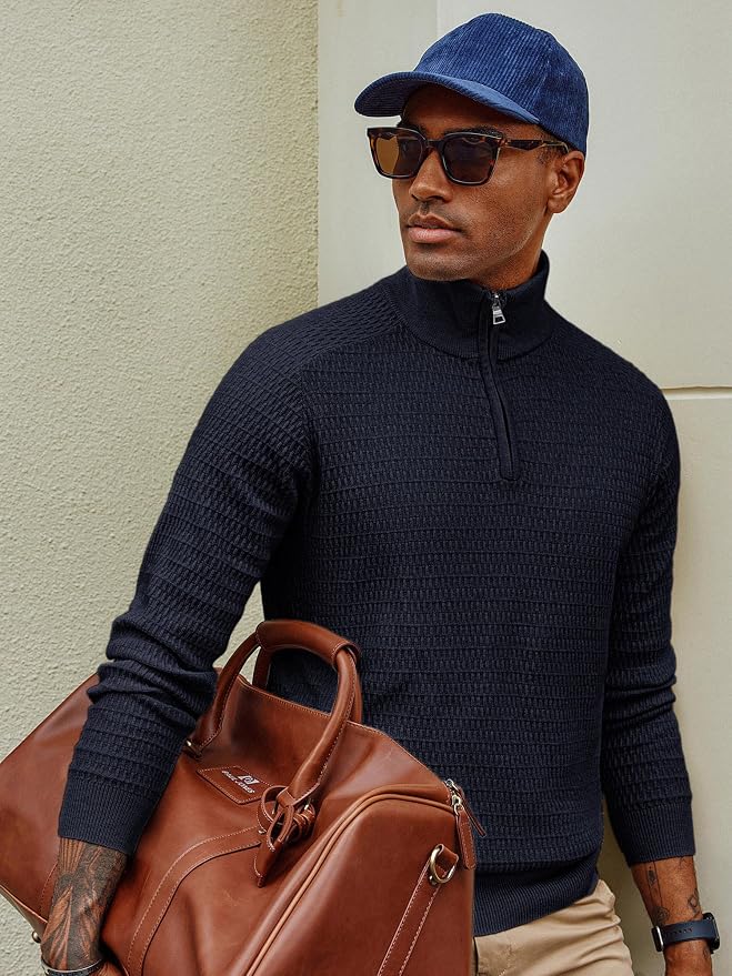 PJ PAUL JONES Mens Quarter Zip Textured Dress Sweaters | Raglan Long Sleeve, Ribbed Mock Neck Collar, Half Zip Pullover, Slim Fit, Formal Style, Fall Winter Wear, Suéter Para Hombre
