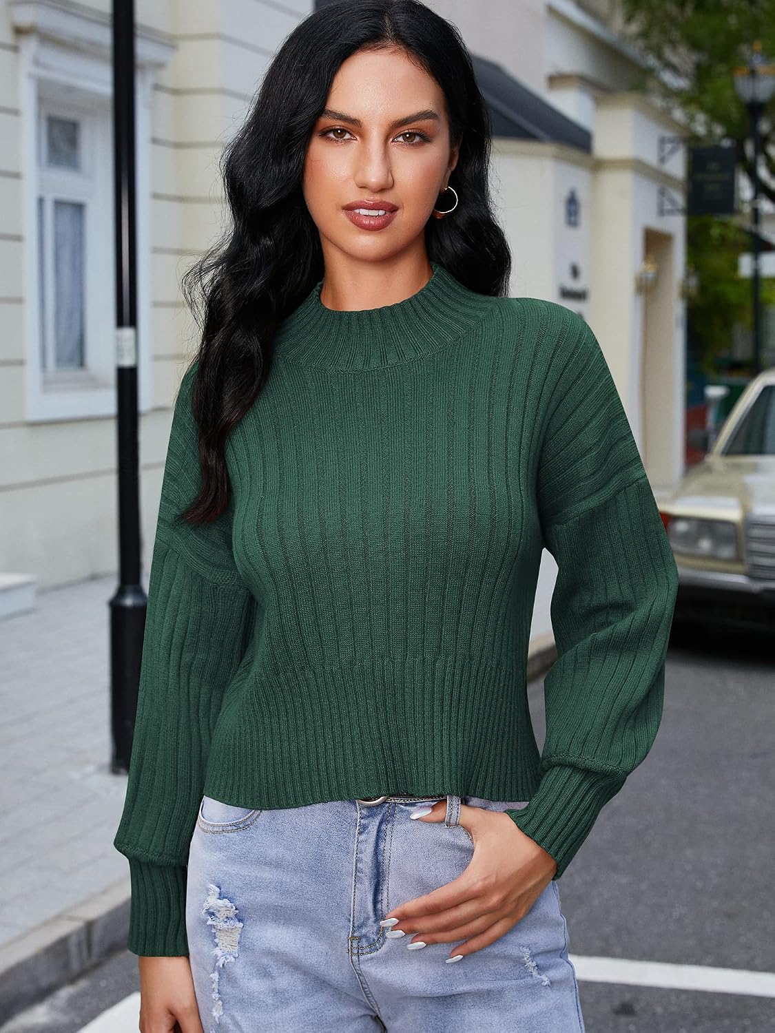 ZAFUL Women's Mock Neck Sweater Long Sleeve Ribbed Knit Basic Cropped Pullover Sweater
