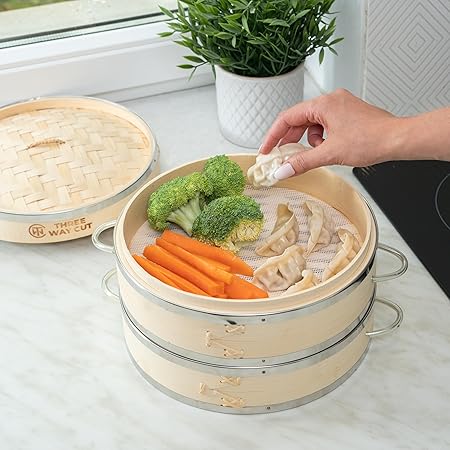 Dumpling Bamboo Steamer 10 Inch 2 Tier Wooden Basket With Handle, Reusable Silicone Liner, Kit For Cooking Baby Bao Bun, Dim Sum, Rice Potsticker Steaming Chinese Asian Food  Vegetables