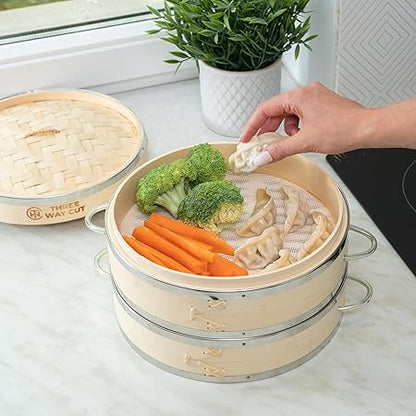 Dumpling Bamboo Steamer 10 Inch 2 Tier Wooden Basket With Handle, Reusable Silicone Liner, Kit For Cooking Baby Bao Bun, Dim Sum, Rice Potsticker Steaming Chinese Asian Food  Vegetables