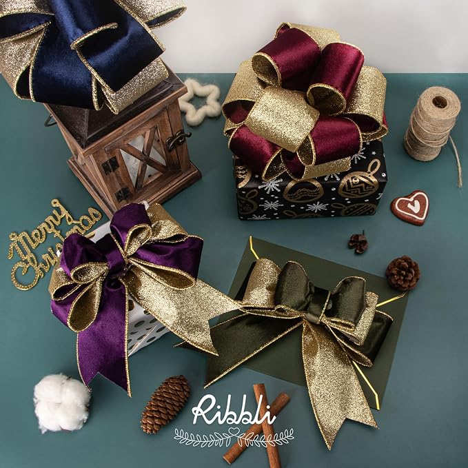 Ribbli Moss Green Velvet Ribbon Wired 2.5 Inch Glossy Velvet with Gold Glitter Christmas Ribbon for Christmas Tree Decoration Big Bow Gift Wrapping Crafts Wreaths Supplies - Continuous 10 Yards