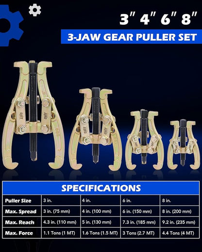 Orion Motor Tech Gear Puller Set, 3" 4" 6" 8" 3 Jaw Puller Kit for Pulley Gear Bearing Flywheel Removal, Heavy Duty Pulley Puller with Reversible Jaws 4 pcs Bearing Puller Tool Kit