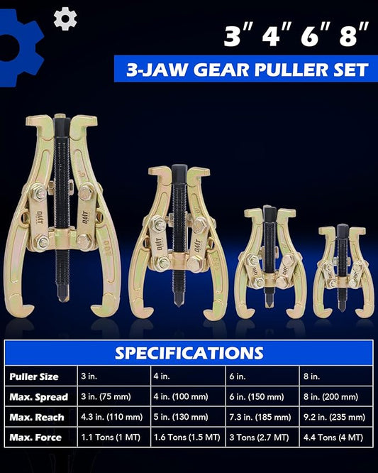 Orion Motor Tech Gear Puller Set, 3" 4" 6" 8" 3 Jaw Puller Kit for Pulley Gear Bearing Flywheel Removal, Heavy Duty Pulley Puller with Reversible Jaws 4 pcs Bearing Puller Tool Kit