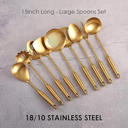 Gold Kitchen Utensils Set - 1810 Stainless Steel Cooking Tools, 15" All Metal Serving Utensils with Fork, SolidSlotted Spoon, Spatula, Ladle, Skimmer, Tunner, Pasta Spoon, Large Spoon, Set of 9