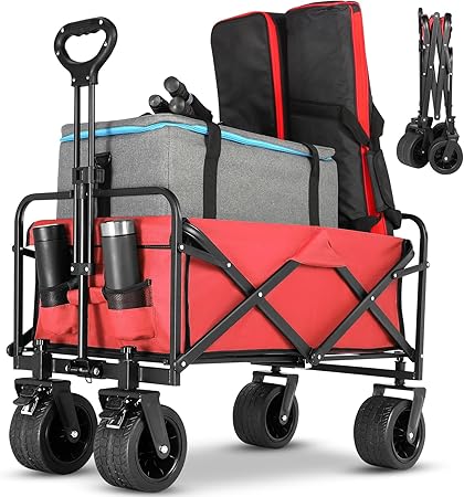 Collapsible Foldable Beach Wagon,Folding Wagon Cart with Big Wheels,Utility Grocery All Terrain Wagons carts Foldable with Brakes for Sand Camping Sports Outdoor(Rose Red).