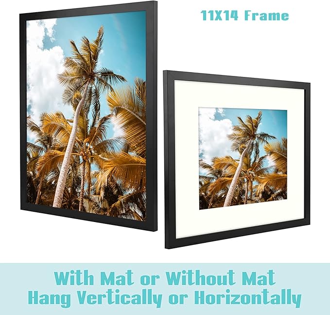 Frametory, 11x14 Picture Frame with Mat for 8x10 Photo - High Definition Glass Wide Molding - Preinstalled Wall Mounting Hardware (Black, 1 Pack)