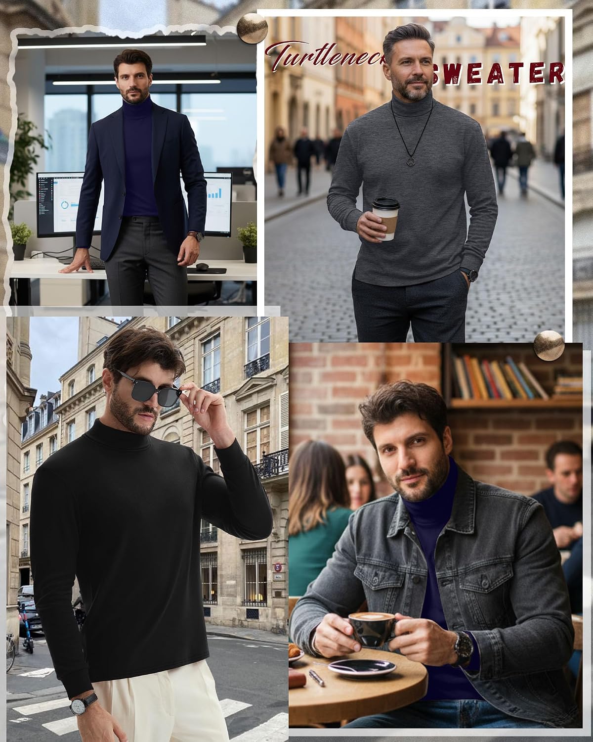 Riyiper 3 Pack Men's Turtleneck Shirts Thermal Basic Knitted Long Sleeve Casual Slim Fit Winter Pullover Tops