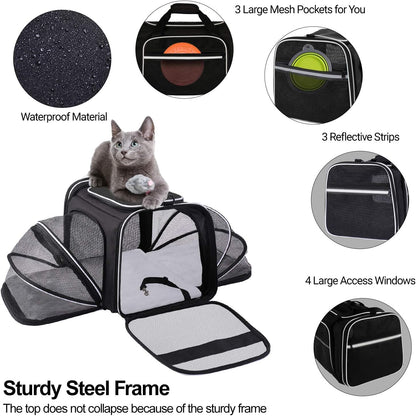 Airline Approved,Large 2 Sides Expandable Dog Carrier,4 Door,3 Zippered Pockets,3 Fleece Pads,Shoulder Strap, Pet Travel Carrier Bag Kennel for Cats Kitty and Small Dogs (shoulder strap ,Collapsible Soft Sided not included)