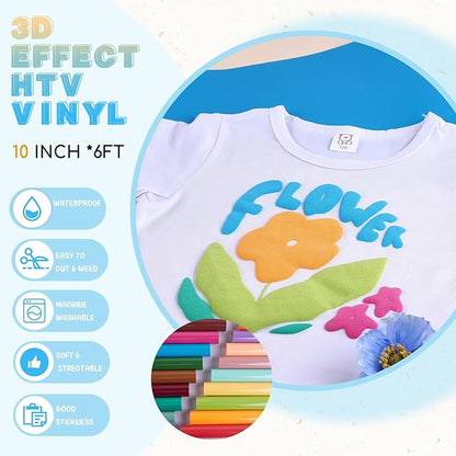 Tintnut Puff Vinyl Heat Transfer - 10inches x 6ft 3D Windows Blue Puff HTV Roll Heat Transfer Vinyl Foaming Colorful Puffy Iron on Vinyl for T-Shirts DIY Compatible with Cricut or Silhoutte Cameo