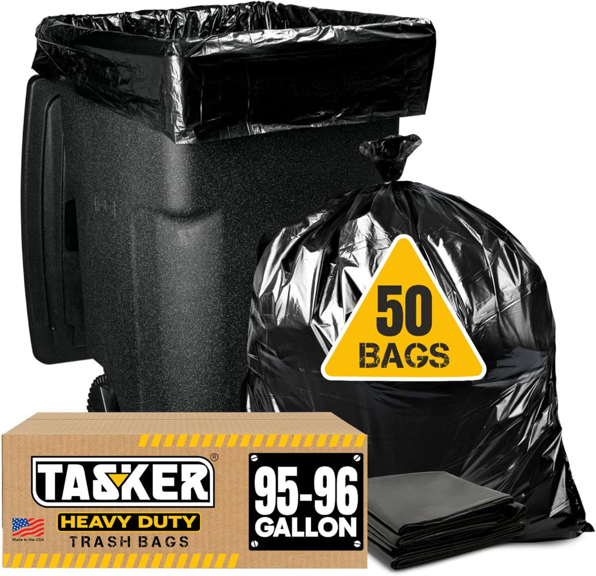 Tasker 95-96 Gallon Trash Bags Heavy Duty (Mega-Value 50/Bags w/Ties) 95-100 Gallon Trash Bags?Black Heavy Duty Trash Bag ?Extra Large Garbage Bags