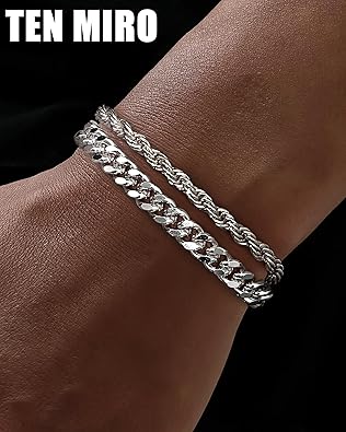 TEN MIRO 2-Piece Silver Bracelet for Men - Sweatproof Mens Silver Bracelets Non Tarnish Rope Cuban Link Chain Bracelet Set Exclusive Jewelry Gifts for Men Dad Husband Boyfriend, 8inch
