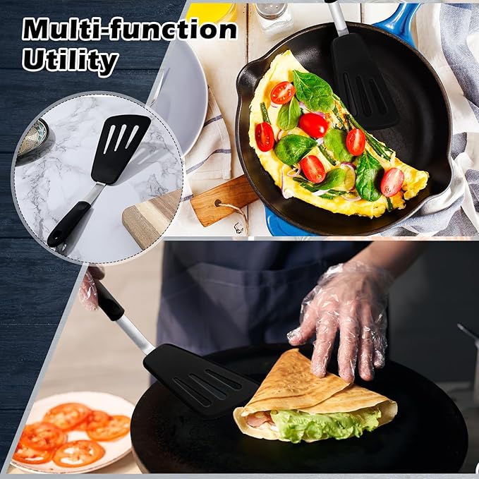 14" Silicone Fish Spatula, Large Grip Kitchen Turner Spatulas for Nonstick Cookware, Spatula Flipper Flexible Cooking Utensil for Flipping Fish, Egg, Pancake(Black)
