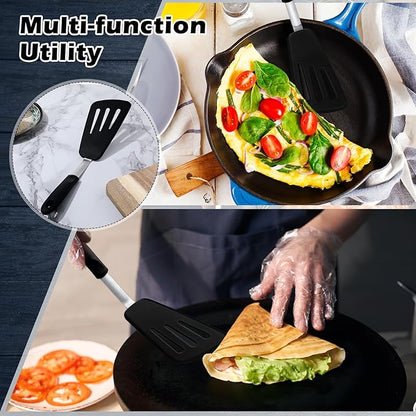 14" Silicone Fish Spatula, Large Grip Kitchen Turner Spatulas for Nonstick Cookware, Spatula Flipper Flexible Cooking Utensil for Flipping Fish, Egg, Pancake(Black)