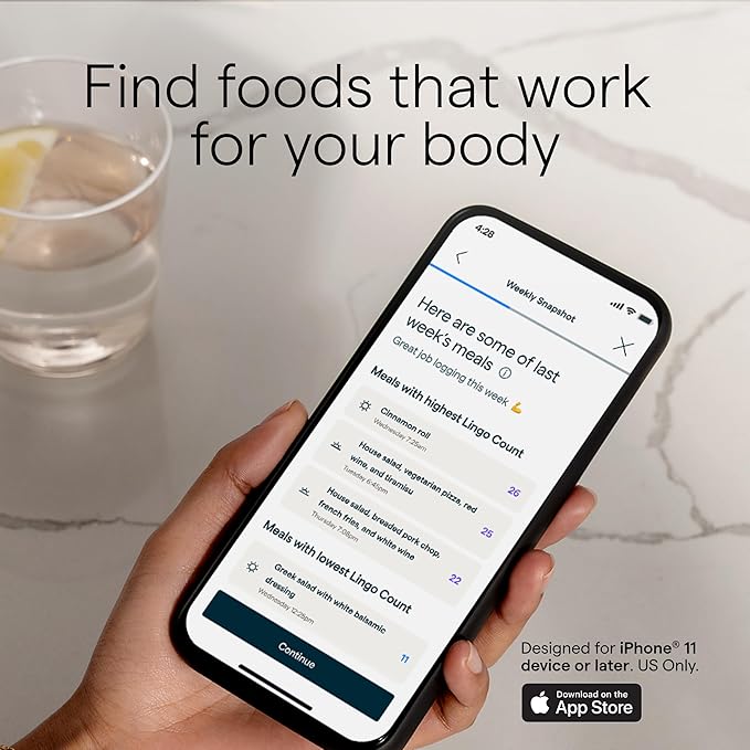 Lingo Continuous Glucose Monitor (CGM)  App. Made by Abbott. Know The Impact of What You eat. 1 Lingo biosensor Lasts up to 14 Days. Designed for iPhone 11 Device or Later. US Only.