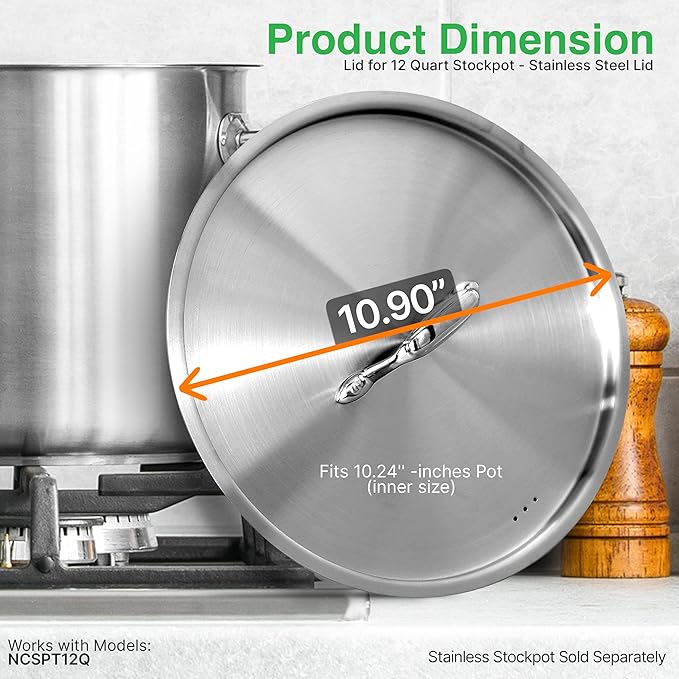 nutrichef Lid for 12-Quart Stockpot - Stainless Steel Kitchen Cookware Cover with Handle, Fits 10.24 Pot Inner Size, Works with Model NCSPT12Q 12-qt. Stock Pot
