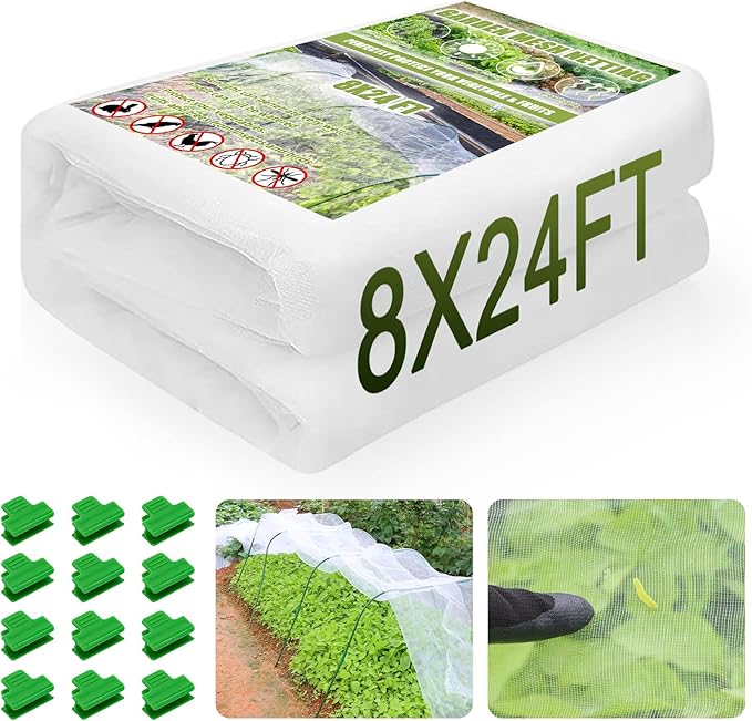 8x24 Ft Garden Netting, Pest Barrier Bird Ultra Fine Mesh Netting with 16 Clips for Garden Raised Beds Garden Plants Net Protection Vegetable Fruit Flowers Outdoor Greenhouse Row Cover