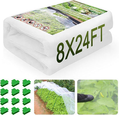 8x24 Ft Garden Netting, Pest Barrier Bird Ultra Fine Mesh Netting with 16 Clips for Garden Raised Beds Garden Plants Net Protection Vegetable Fruit Flowers Outdoor Greenhouse Row Cover