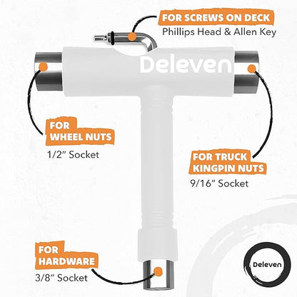 Deleven Skate Tool All-in-One Lightweight Portable Skateboard Tool - T Tool with Allen Wrench, Phillips Head Screwdriver - Adjust Roller Skates, Longboards, Skateboards, Quads, Wheels, Trucks, Kingpin (Yellow)