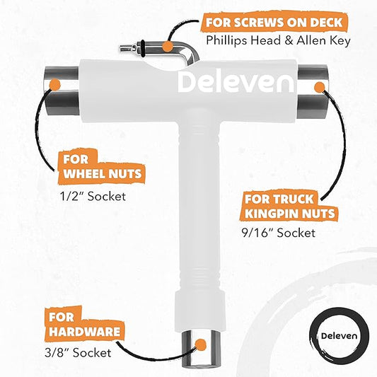 Deleven Skate Tool All-in-One Lightweight Portable Skateboard Tool - T Tool with Allen Wrench, Phillips Head Screwdriver - Adjust Roller Skates, Longboards, Skateboards, Quads, Wheels, Trucks, Kingpin (Yellow)