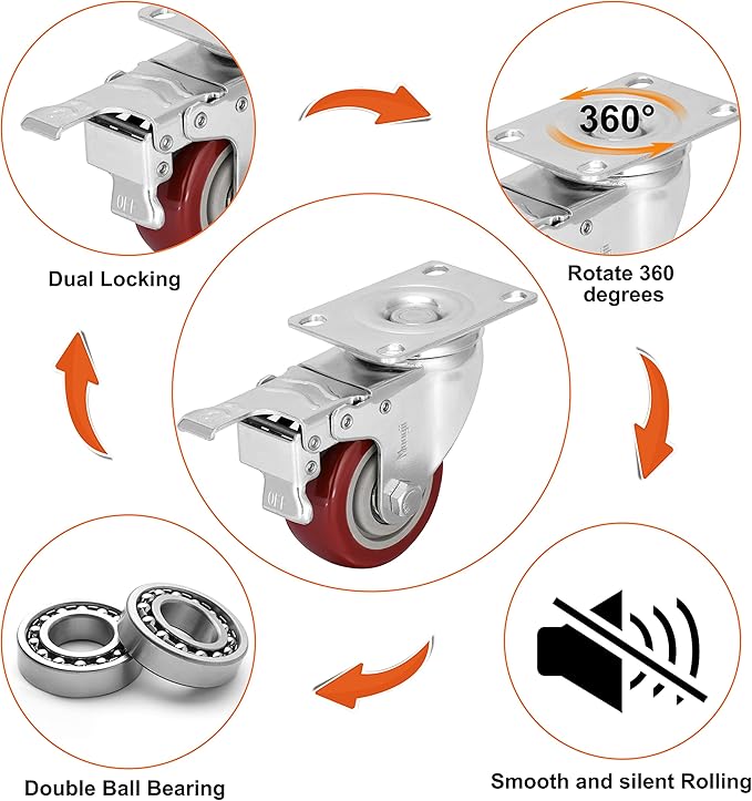 3 inch Heavy Duty Casters Load 1500lbs,Lockable Bearing Caster Wheels with Brakes,Swivel Casters for Furniture and Workbench,Set of 4 (Free Screws)