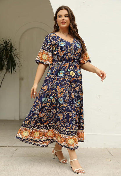 Keluummi Plus Size Maxi Dress for Women V-Neck Floral Empire Waist 3/4 Sleeve with Pockets .