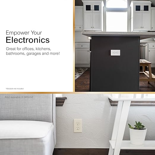 GE UltraPro Duplex Heavy-Duty Receptacle, White, Wall Outlet, Reinforced Yoke, Self-grounding Clip, 3 Prong, Supports 15A, UL Listed, 42157