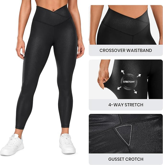 CRZ YOGA Womens Butterluxe Matte Faux Leather Cross Waist Leggings 25" - V Crossover High Waisted Lounge