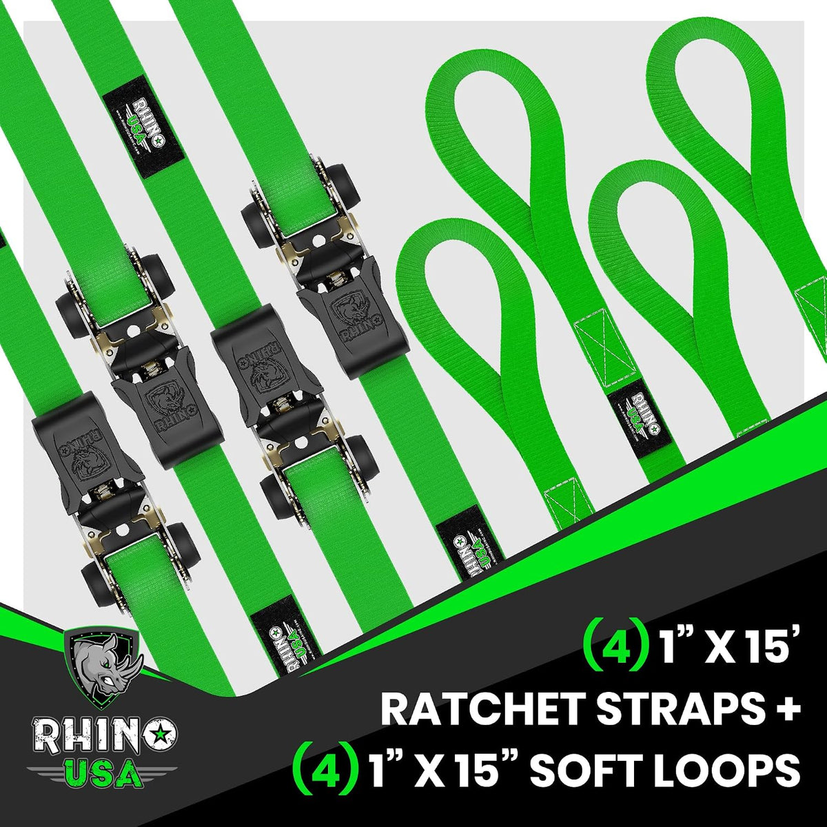 Rhino USA Ratchet Straps Tie Downs (4-Pack) - 1 Inch x 15 Feet (1,823lb Break Strength) - Ultimate Tie Down Straps with Safety S Hooks - for Trucks, Cargo, Moving, Appliances - Green