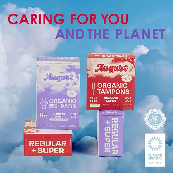 August Light Tampons - 100% Organic Cotton Tampons 24 Pack for Women and Anyone Menstruating, Non-Toxic, Fragrance-Free & Hypoallergenic with Long Applicators