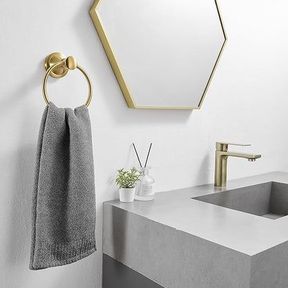 BESy Brushed Gold Bathroom Hand Towel Ring Towel Holder, Rustproof Wall Mounted Bathroom Hardware Accessory SUS 304 Stainless Steel Towel Rack