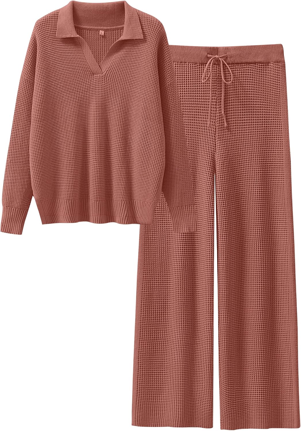 ANRABESS Women Two Piece Outfits Sweater Sets Lounge Waffle Knit Pullover Matching Wide Leg Pants Tracksuit 2025 Fall Fashion Medium