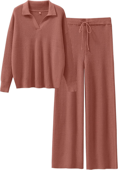 ANRABESS Women Two Piece Outfits Sweater Sets Lounge Waffle Knit Pullover Matching Wide Leg Pants Tracksuit 2025 Fall Fashion Medium