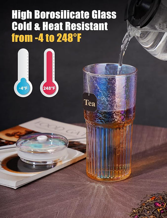 NiHome Iridescent Borosilicate Glass Tumbler Cup with Glass Lid & Straw 22oz/650ml 2-Pack, Leak-Proof Silicone Seal for Flavor Preservation, Hygienic & Dishwasher Safe, 2PCS Straw Brushes Included