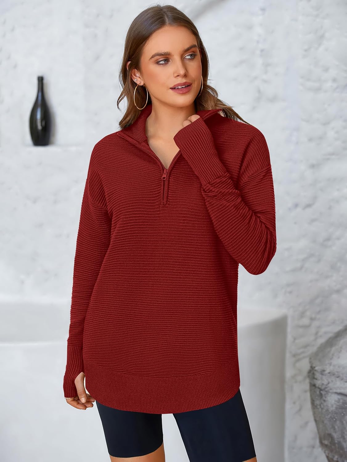 PRETTYGARDEN Womens Long Sleeve Quarter Zip Pullover Sweater Casual Loose V Neck Collared Ribbed Knit Jumper Tops Thumb Hole