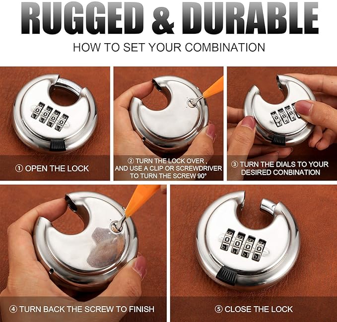 Rohuis Round Combination Lock, Uncuttable Combination Disc Padlock, 3/8 Inch Shackle Outdoor Combo Lock Discus Pad Lock for Storage Unit, Garages, Fences (1 Pack)