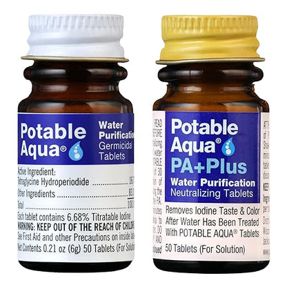 Potable Aqua Water Purification Tablets with PA Plus, Portable and Effective Solution for Camping, Hiking, Emergencies, Natural Disasters and International Travel, Two 50ct Bottles