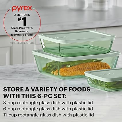 Pyrex Year of Color (3-Pack) Tinted Rectangular Glass Food Storage Containers Set, (3, 6  11 Cup) Meal Prep Containers With BPA-Free Lids, Dishwasher  Microwave Safe, Green